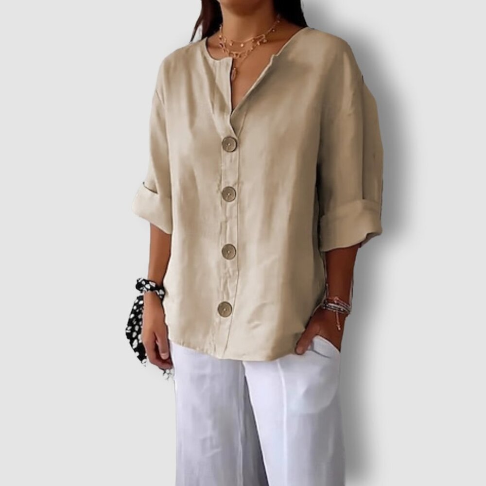 Khaki Linen & Cotton Blend Button Up Blouse